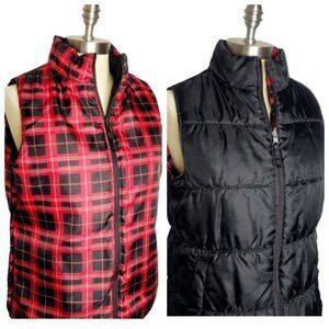 Merona Puffer Vest Womens Size M Reversible Red Tartan Plaid Black Full Zip